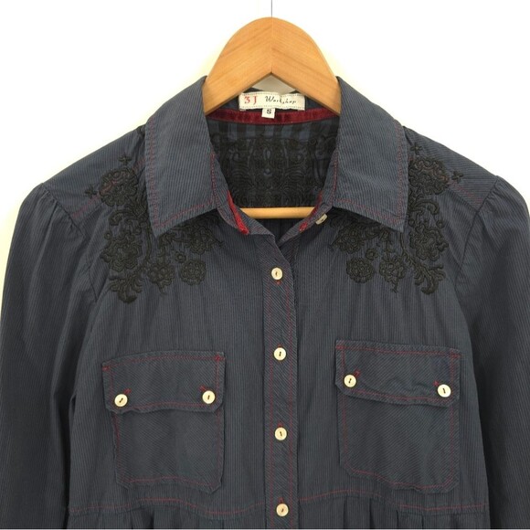 Johnny Was 3J Workshop Babydoll Button Up Top Embroidered Striped Y2k Blue - Picture 3 of 15